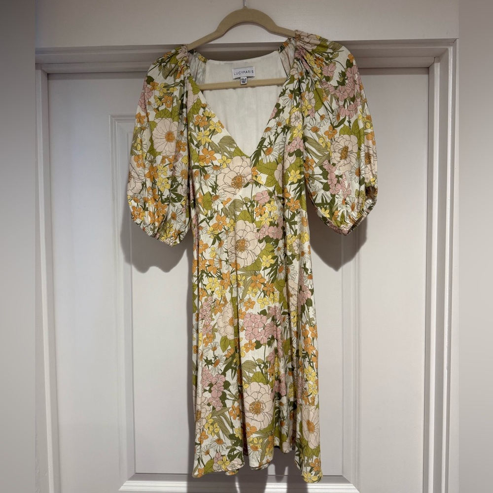 Lucy Paris Floral Midi Dress with Puff Sleeves